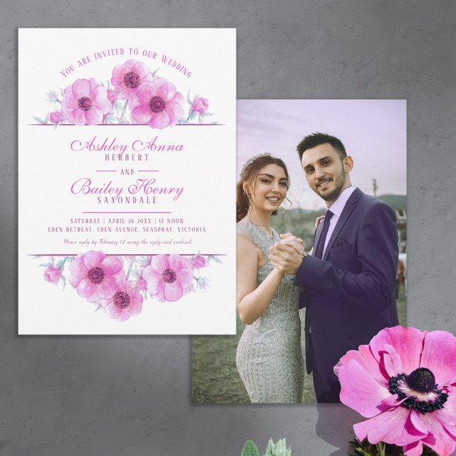 Invitation Aquarelle florale d'anémone rose blanc mariage pho (Créateur téléchargé)