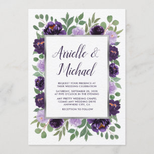 Invitation Aquarelle florale d'argent pourpre Mariage d'eucal