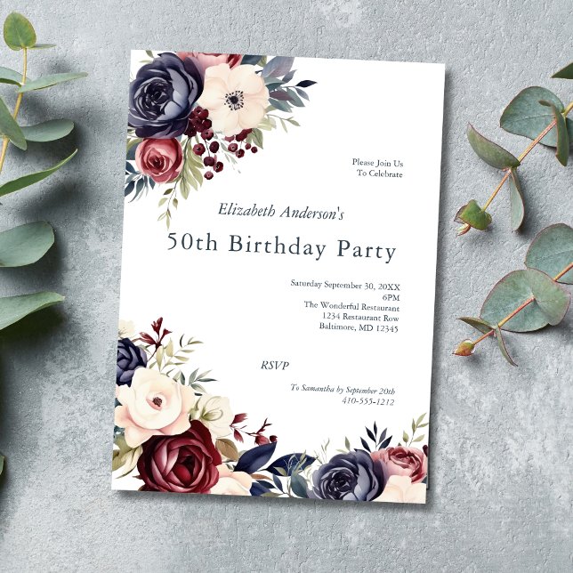 Invitation Aquarelle florale de crème marine de Bourgogne 50  (Burgundy cream blue floral greenery botanical 50th birthday party invitation. Printed or digitial)