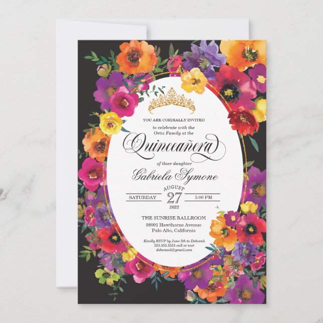 Invitation Aquarelle florale de la Fiesta brillante Quinceañe (Devant)