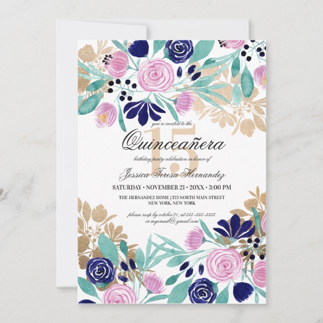 Invitation Aquarelle Florale de la Marine Rose Or Quinceañera (Devant)
