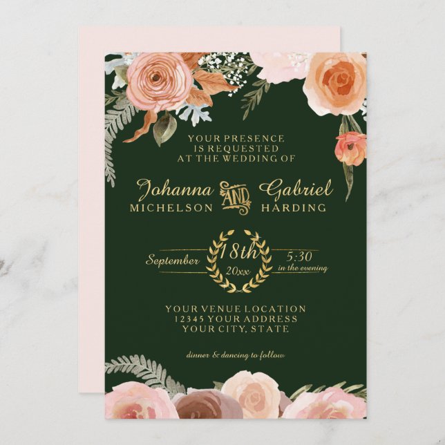 Invitation Aquarelle florale de la Pêche Flore Folivier Vert  (Devant / Derrière)