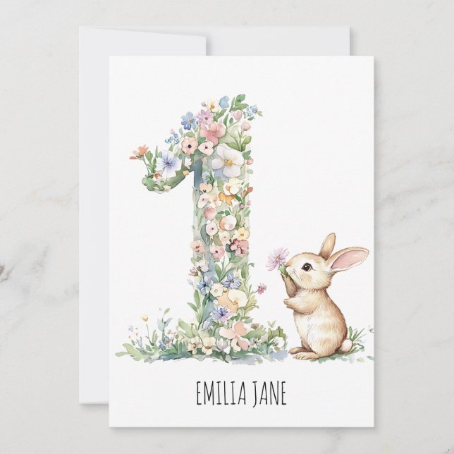 Invitation Aquarelle florale de lapin 1er anniversaire (Devant)