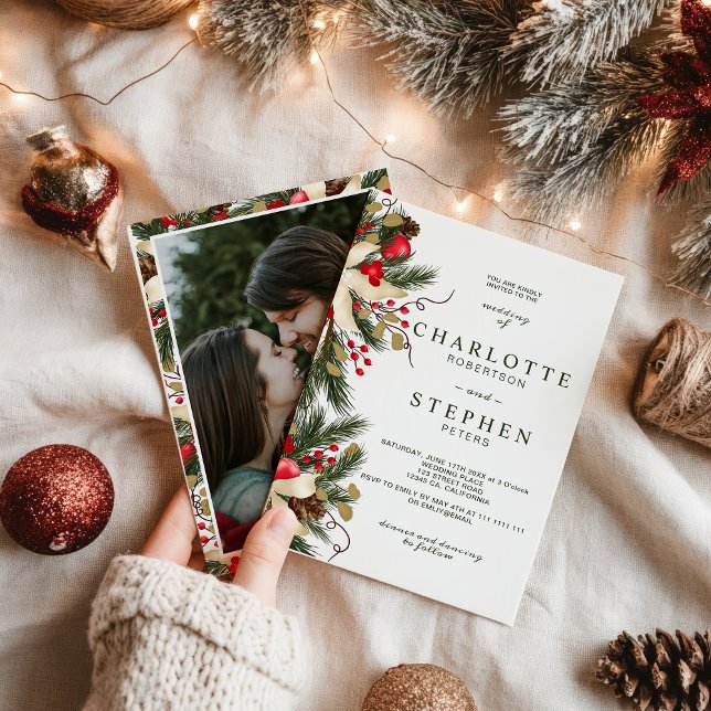 Invitation Aquarelle florale de Noël photo mariage (Christmas winter floral watercolor wedding photo invitation)