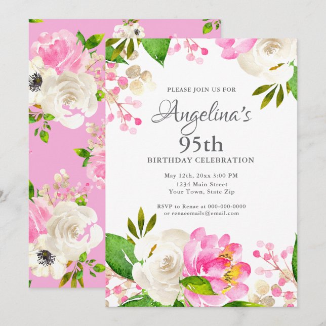 Invitation Aquarelle Florale de Printemps pour 95e Anniversai (Devant / Derrière)
