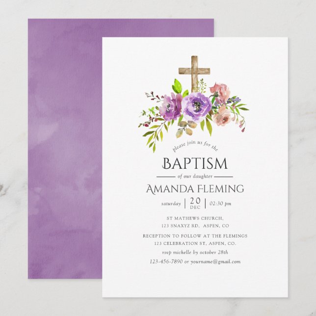 Invitation Aquarelle florale de printemps pour baptême (Devant / Derrière)