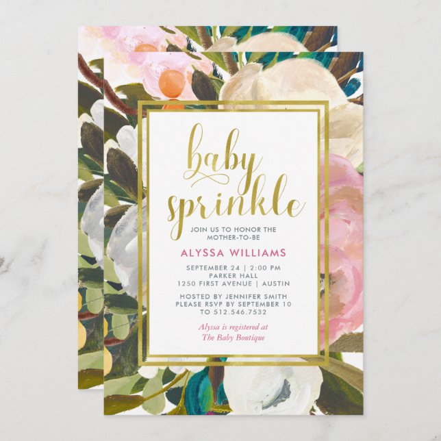 Invitation Aquarelle florale délicate | Saupoudrer bébé (Devant / Derrière)