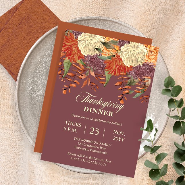 Invitation Aquarelle Florale | Dîner Eucalyptus Thanksgiving (Watercolor Floral Eucalyptus Dusky Mauve Thanksgiving Dinner Invitation with Terracotta Back)