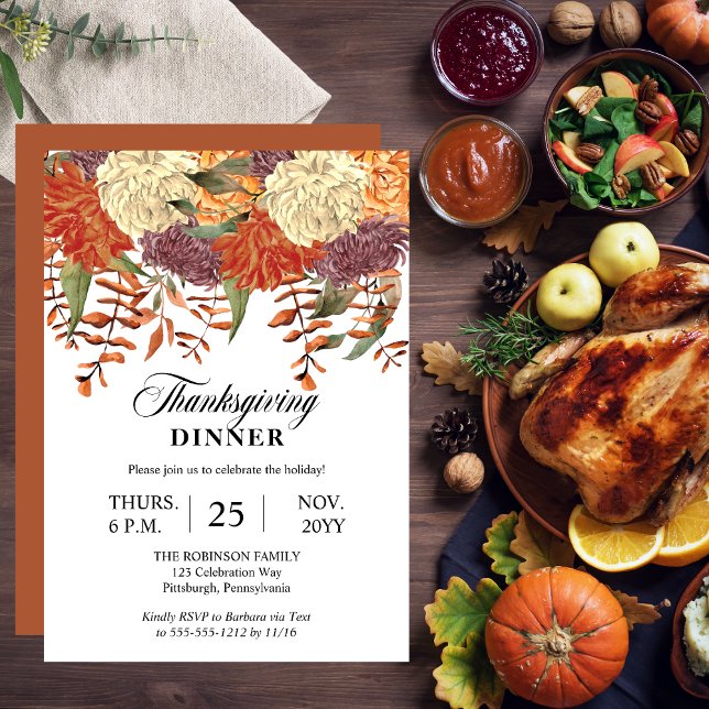 Invitation Aquarelle Florale | Dîner Eucalyptus Thanksgiving (Watercolor Floral Eucalyptus Thanksgiving Dinner Invitation with Terracotta Back)