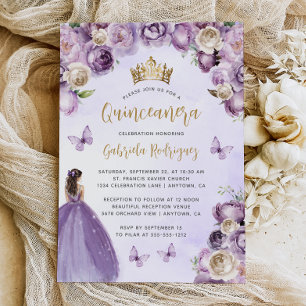 Invitation Aquarelle florale d'ivoire pourpre Quinceañera