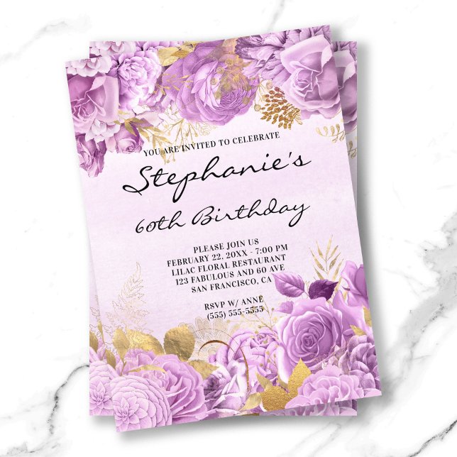 Invitation Aquarelle florale d'or et de Lilac 60e anniversair (Gold and Lilac Floral Watercolor 60th Birthday Invitation)