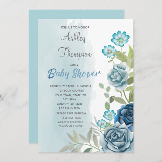 Invitation Aquarelle florale du Baby shower bleu poussiéreux (Devant / Derrière)