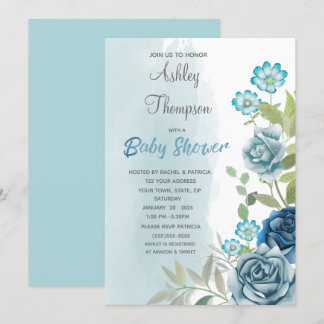 Invitation Aquarelle florale du Baby shower bleu poussiéreux