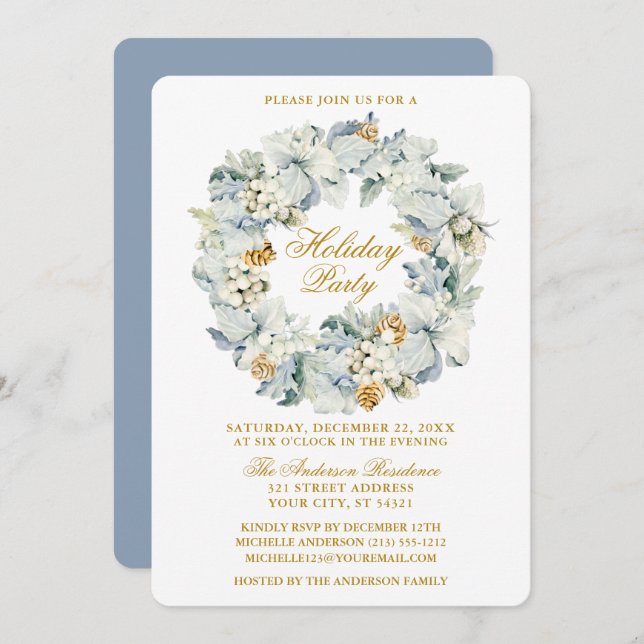 Invitation Aquarelle Florale Dusty Blue Gold Fête (Devant / Derrière)