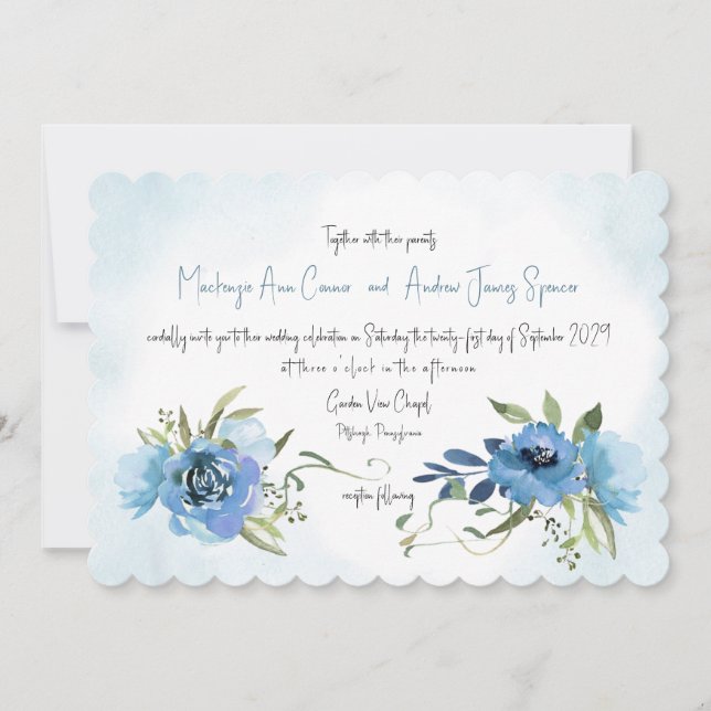Invitation Aquarelle florale Dusty Blue Romance (Devant)