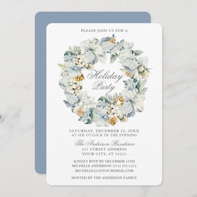 Invitation Aquarelle Florale Dusty Blue Silver Fête (Devant / Derrière)