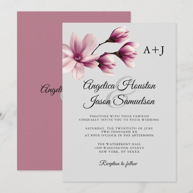 Invitation Aquarelle Florale Dusty Mauve Taupe Mariage gris (Devant / Derrière)