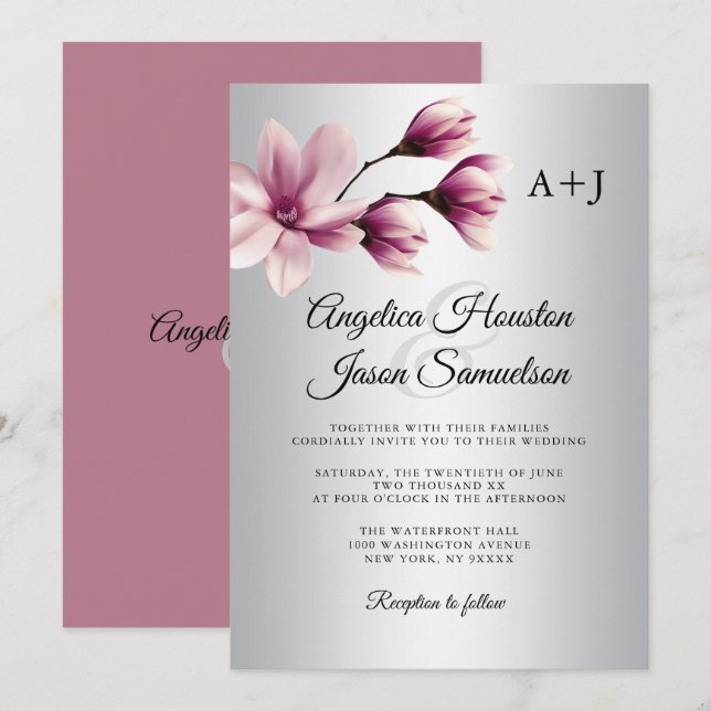 Invitation Aquarelle Florale Dusty Mauve Taupe Mariage gris (Devant / Derrière)