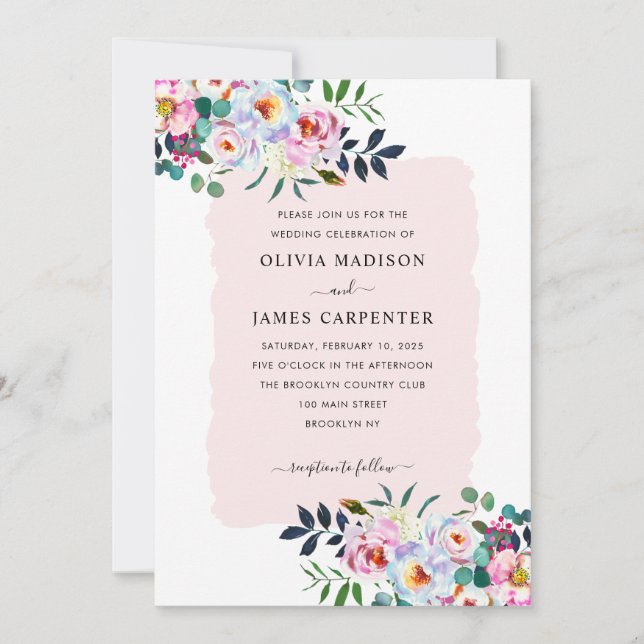 Invitation Aquarelle florale Dusty rose marine Mariage bleu (Devant)