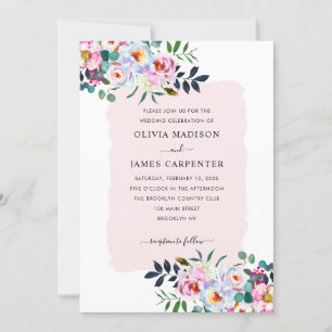 Invitation Aquarelle florale Dusty rose marine Mariage bleu