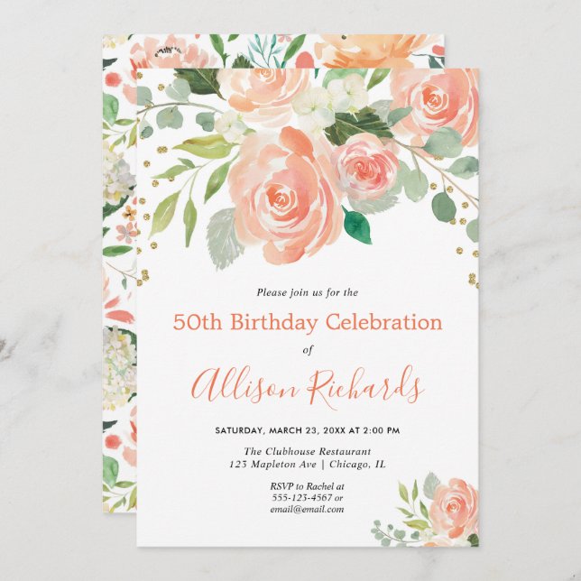 Invitation Aquarelle florale élégante fête d'anniversaire adu (Devant / Derrière)