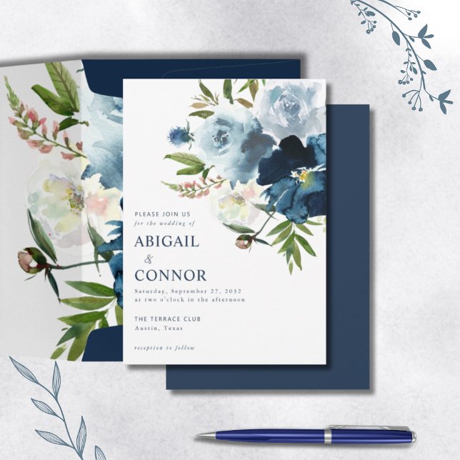 Invitation Aquarelle florale élégante marine et bleu poussiér (Créateur téléchargé)