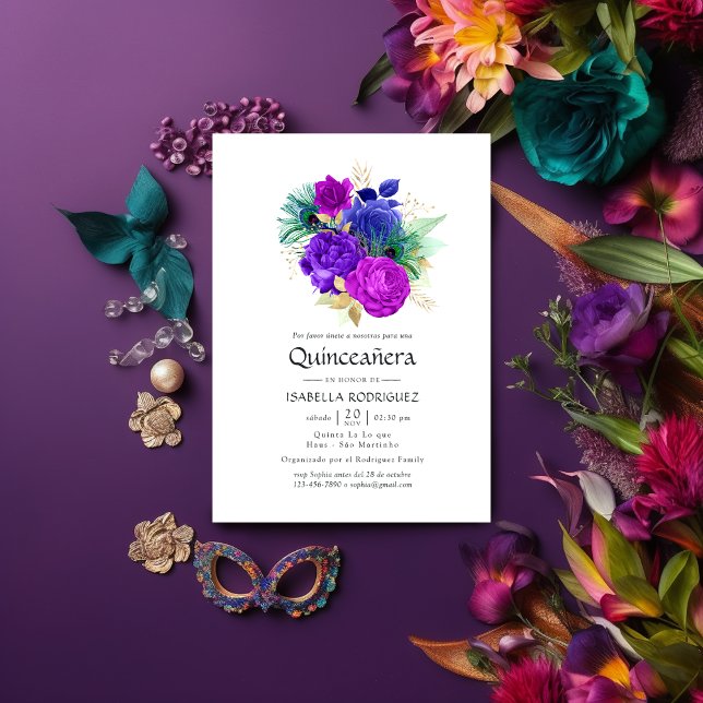 Invitation Aquarelle Florale espagnole Mardi Gras Quinceañera (Créateur téléchargé)