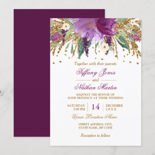 Invitation Aquarelle Florale Étincelle Mariage d'Améthyste