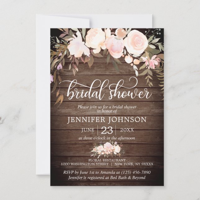 Invitation Aquarelle Florale Fête de l'mariée en ivoire rose (Devant)