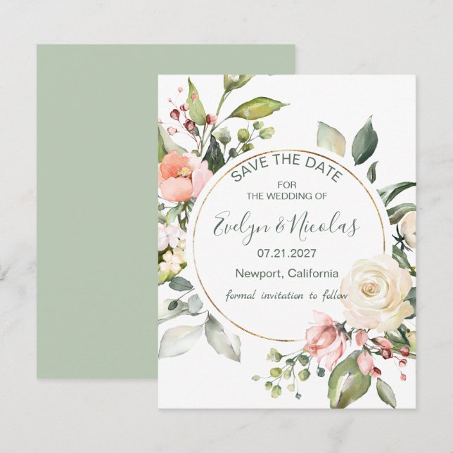 Invitation Aquarelle florale, feuillage Enregistrer la date (Devant / Derrière)