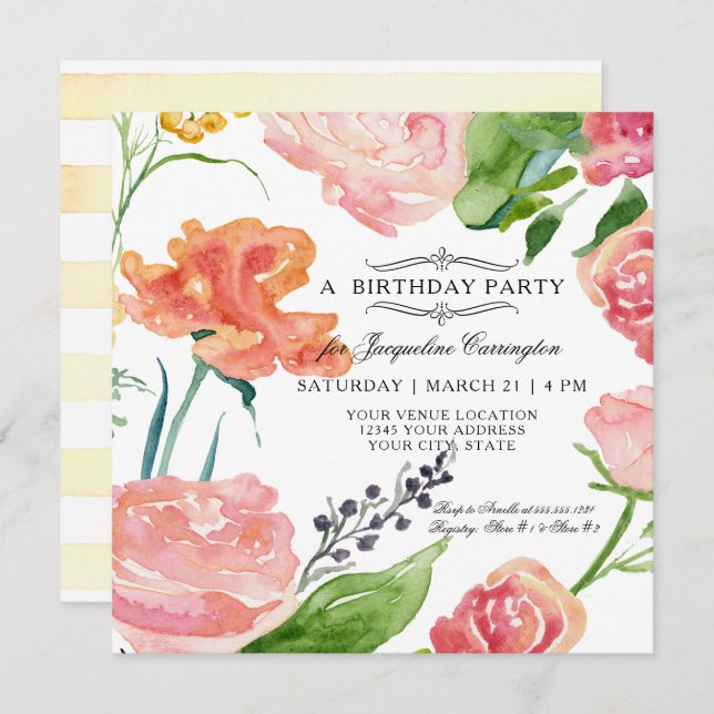 Invitation Aquarelle florale Feuillage rose moderne (Devant / Derrière)