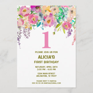 Invitation Aquarelle florale filles 1er anniversaire invitati