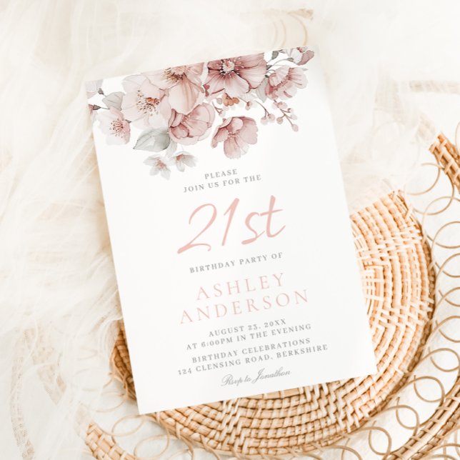 Invitation Aquarelle florale floue 21e anniversaire (Créateur téléchargé)