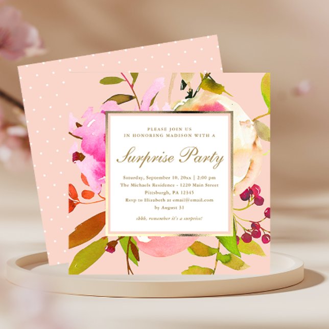 Invitation Aquarelle florale floue avec points Surprise Party (Créateur téléchargé)
