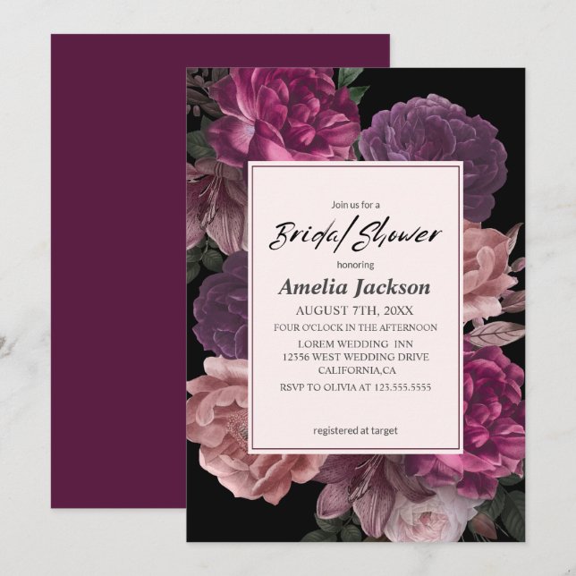Invitation Aquarelle florale foncé moody noir nuptiale douche (Devant / Derrière)