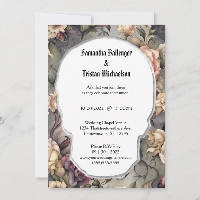 Invitation Aquarelle Florale Forme du crâne Moderne Goth Mari (Devant)