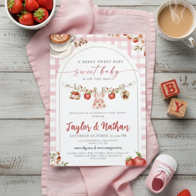 Invitation aquarelle florale fraise bébé fait du café pomme (Créateur téléchargé)