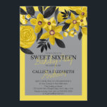 Invitation Aquarelle florale gris-noir-jaune doux 16<br><div class="desc">Cette invitation élégante et moderne pour fêter l'anniversaire du sweet sixteen est parfaite pour la saison été/printemps. Il est décoré à la main de fleurs, de feuilles et de baies d'aquarelle jaune, noir, rose baies et jaune pâle, illuminés de jaune, noir, et de baies, sur une bordure jaune épaisse et...</div>