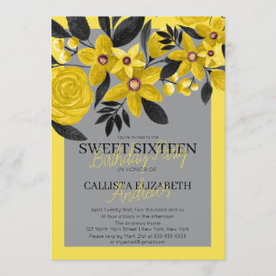 Invitation Aquarelle florale gris-noir-jaune doux 16