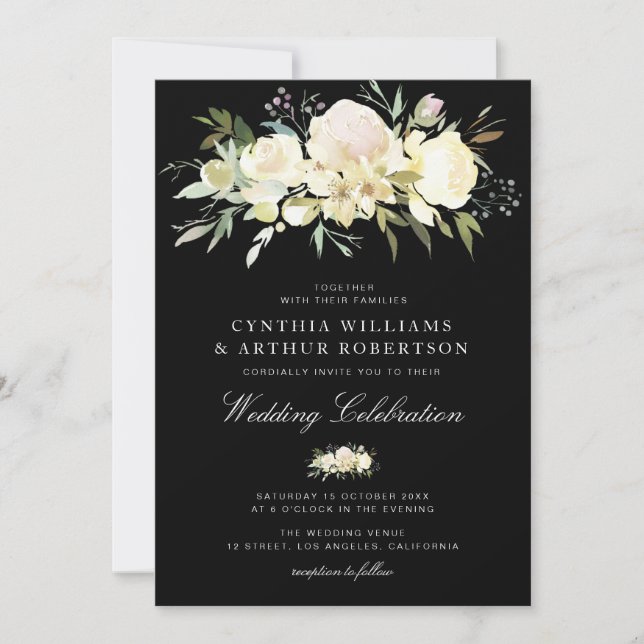 Invitation aquarelle florale ivoire blanc noir mariage (Devant)