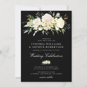 Invitation aquarelle florale ivoire blanc noir mariage