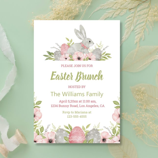 Invitation aquarelle florale lapin vert rose pâle brunch (Créateur téléchargé)