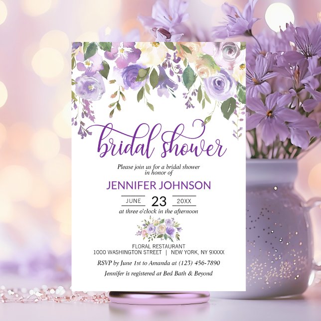 Invitation Aquarelle Florale Lavande Fête des mariées pourpre (Watercolor Floral Lavender Purple Bridal Shower Invitation)