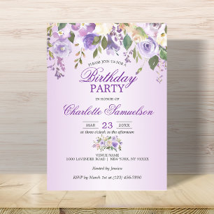 Invitation Aquarelle Florale Lavande pourpre ANNIVERSAIRE