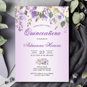 Invitation Aquarelle Florale Lavande pourpre Quinceañera