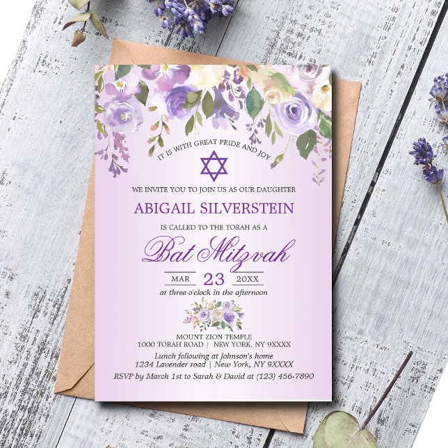 Invitation Aquarelle Florale Lavande violet étoile Bat mitzva (Créateur téléchargé)