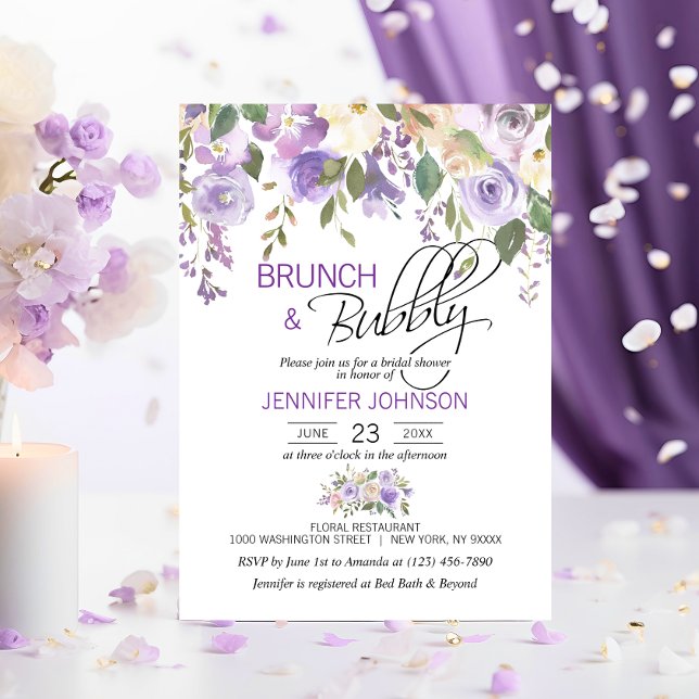Invitation Aquarelle Florale Lavande violette Brunch nuptial (Watercolor Floral Lavender Purple Bridal Brunch Invitation)