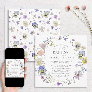 Invitation Aquarelle florale Lilac & Bleu Baptême