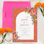 Invitation Aquarelle Florale Magenta Fuchsia Sweet sixteen<br><div class="desc">Cette amusante invitation douce 16 vibrante a des accents orange,  rose et violet. L'arrière - plan est un motif géométrique orange et magenta avec des fleurs d'aquarelle y compris des roses et des fleurs sauvages.</div>