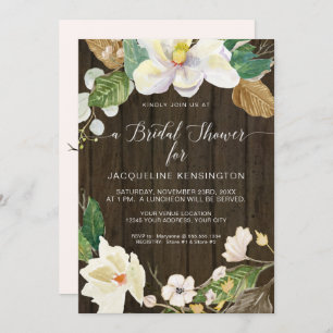 Invitation Aquarelle Florale Magnolia blanche Bois rustique